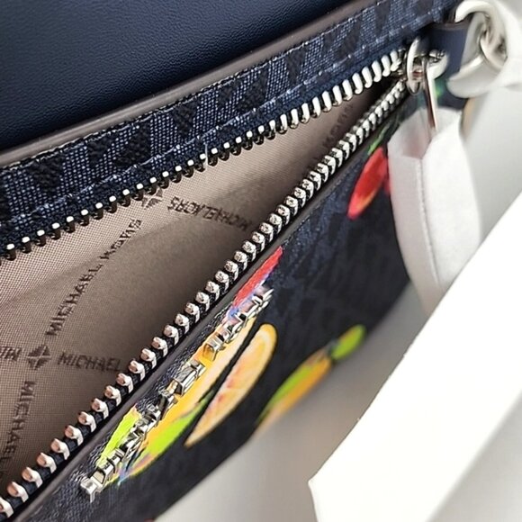 Micheal Kors Jet Set Admiral Large Fruit Print Logo Crossbody Bag Navy - Picture 9 of 16